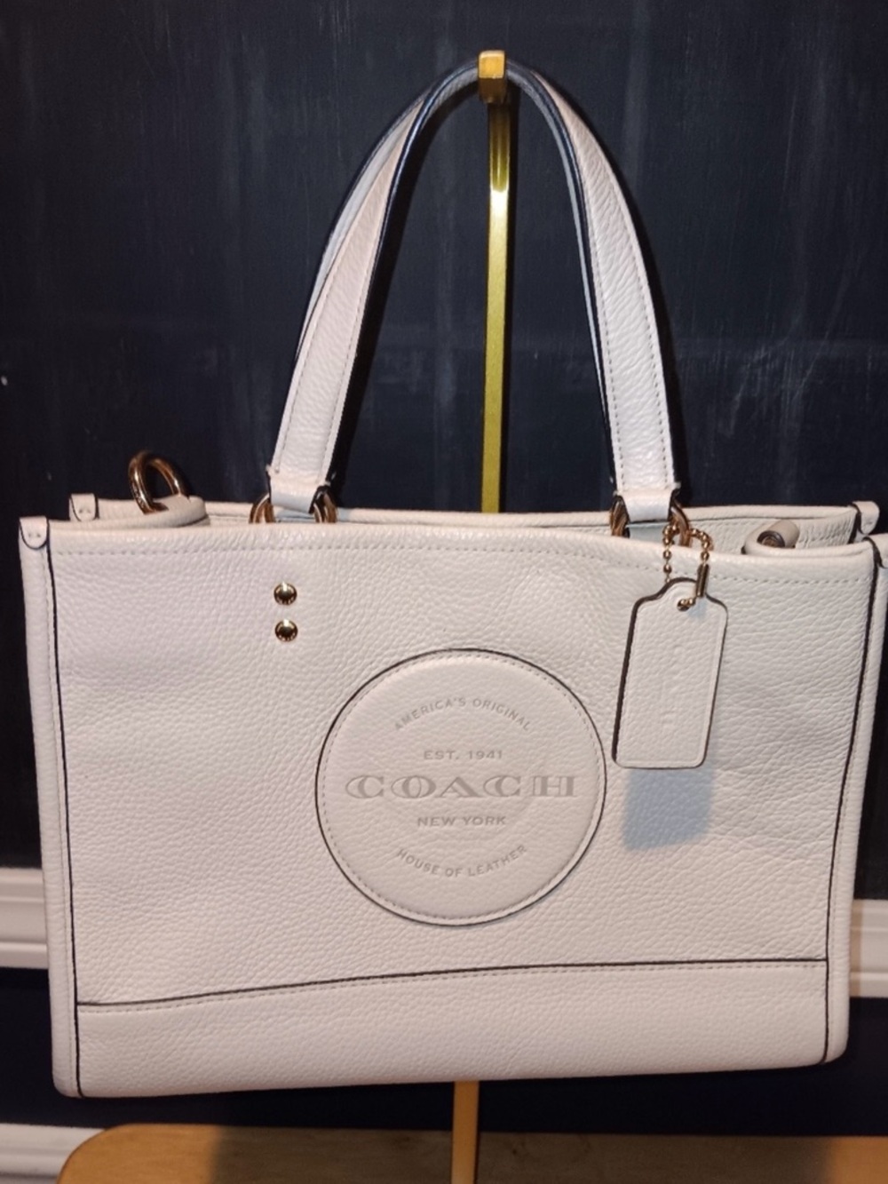 Coach White Pebbled Leather Tote with Gold Hardware